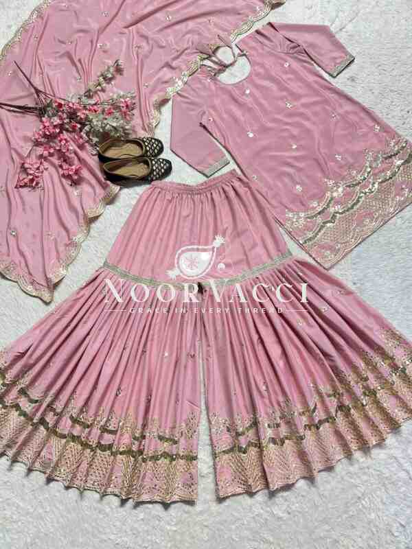 Elegant Party Wear Neutral Silk Suit Set with Heavy Embroidery & Fancy Sarara Plazo - Image 7