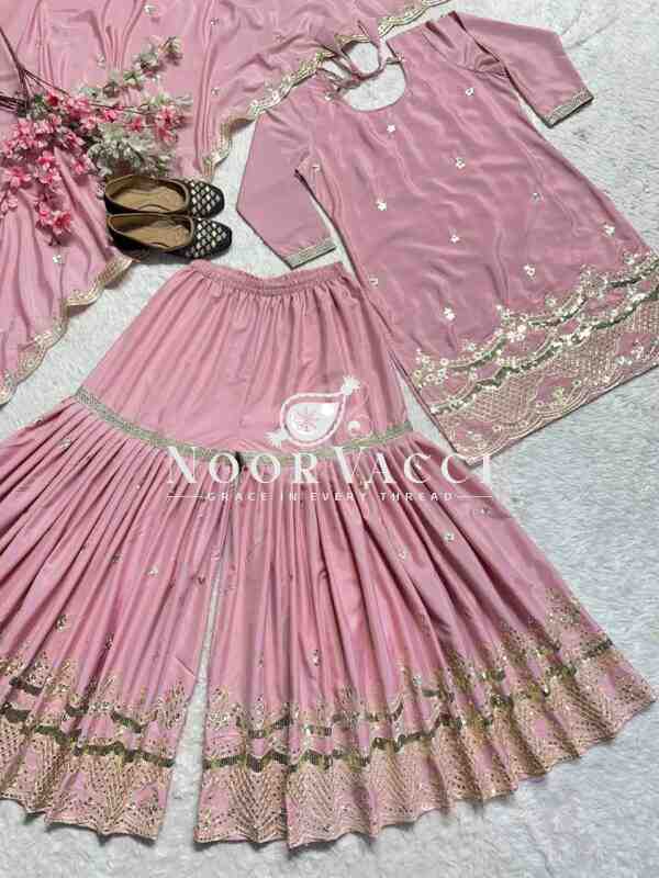 Elegant Party Wear Neutral Silk Suit Set with Heavy Embroidery & Fancy Sarara Plazo - Image 8
