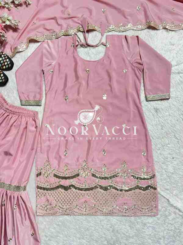 Elegant Party Wear Neutral Silk Suit Set with Heavy Embroidery & Fancy Sarara Plazo - Image 9
