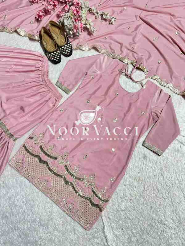 Elegant Party Wear Neutral Silk Suit Set with Heavy Embroidery & Fancy Sarara Plazo - Image 10