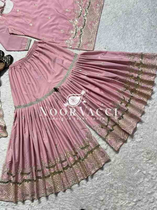 Elegant Party Wear Neutral Silk Suit Set with Heavy Embroidery & Fancy Sarara Plazo - Image 4