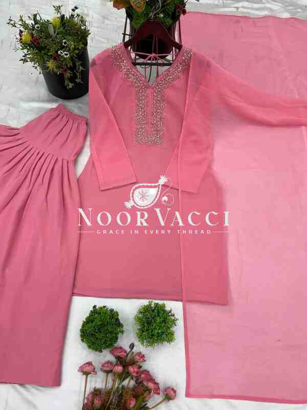 Faux Georgette Embroidered Farshi Set with Dupatta – Fully Stitched Party Wear - Image 2