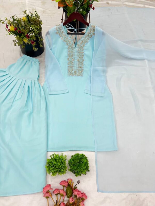 Buy Faux Georgette Embroidered Farshi Set with Dupatta – Fully Stitched Party Wear - Image 5
