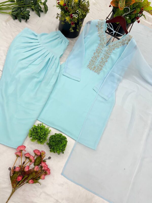 Buy Faux Georgette Embroidered Farshi Set with Dupatta – Fully Stitched Party Wear - Image 4