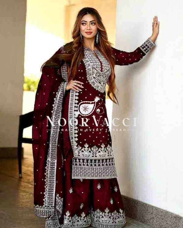 Faux Georgette Embroidered Gharara Set with Dupatta