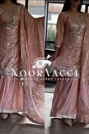 Shop Elegant Sharara Suit Set in Heavy Chinnon Silk | Embroidered Partywear with Dupatta