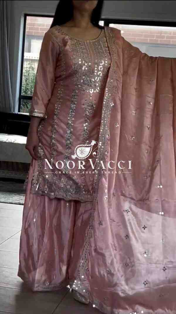Elegant Sharara Suit Set in Heavy Chinnon Silk | Embroidered Partywear with Dupatta - Image 5