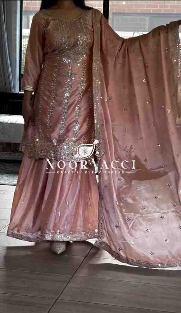 Elegant Sharara Suit Set in Heavy Chinnon Silk | Embroidered Partywear with Dupatta - Image 3