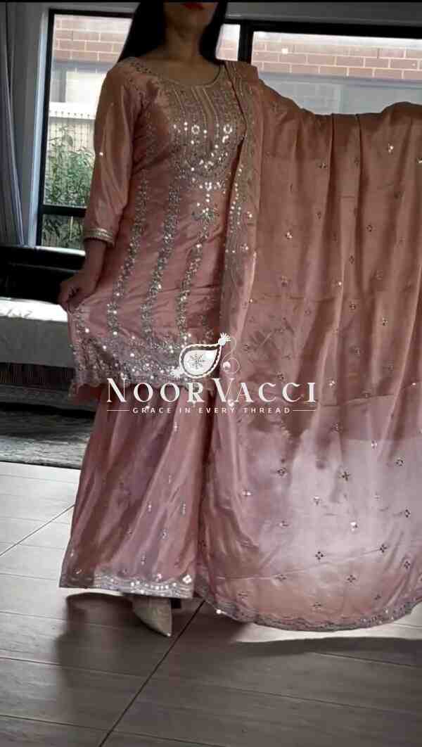 Elegant Sharara Suit Set in Heavy Chinnon Silk | Embroidered Partywear with Dupatta - Image 4