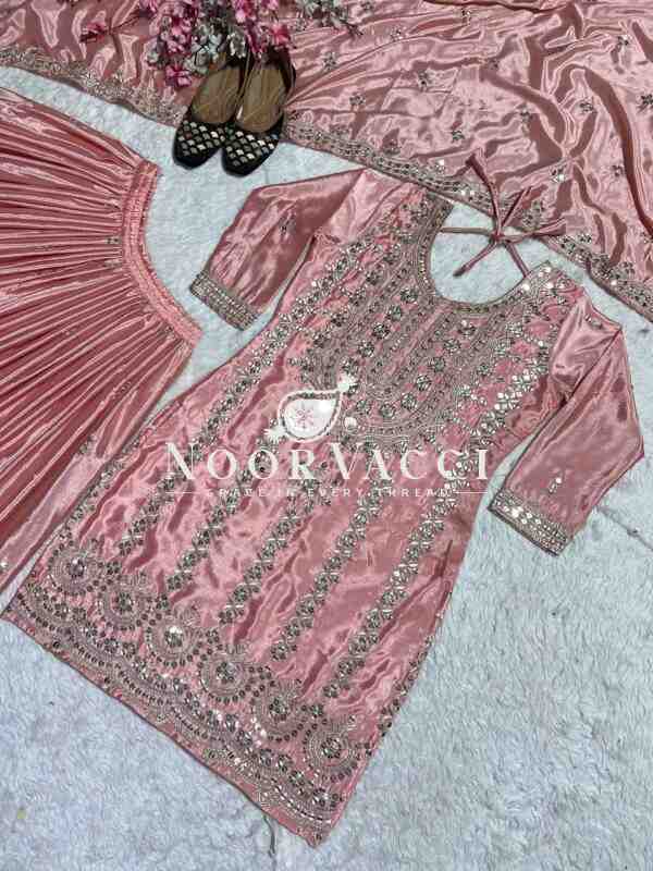 Elegant Sharara Suit Set in Heavy Chinnon Silk | Embroidered Partywear with Dupatta - Image 6