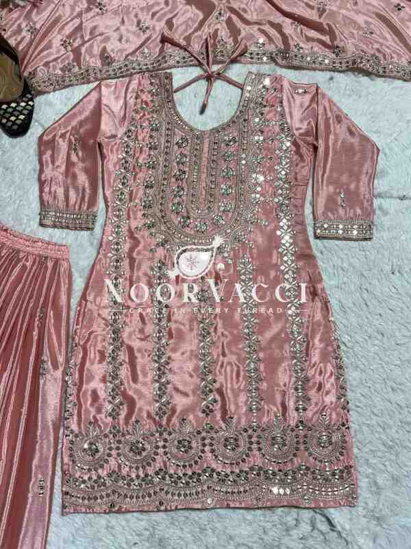 Elegant Sharara Suit Set in Heavy Chinnon Silk | Embroidered Partywear with Dupatta - Image 7