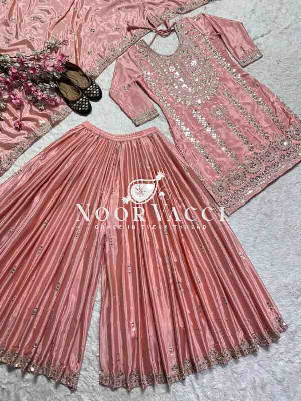 Elegant Sharara Suit Set in Heavy Chinnon Silk | Embroidered Partywear with Dupatta - Image 9