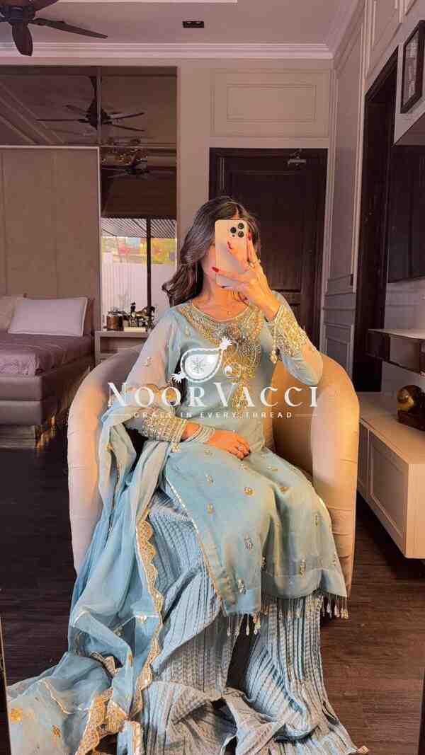 Faux Georgette Heavy Embroidered Palazzo Set with Dupatta – Fully Stitched Designer Wear - Image 7