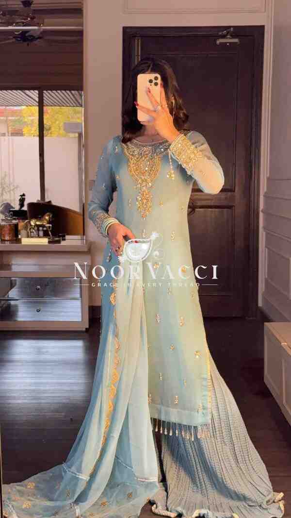 Faux Georgette Heavy Embroidered Palazzo Set with Dupatta – Fully Stitched Designer Wear