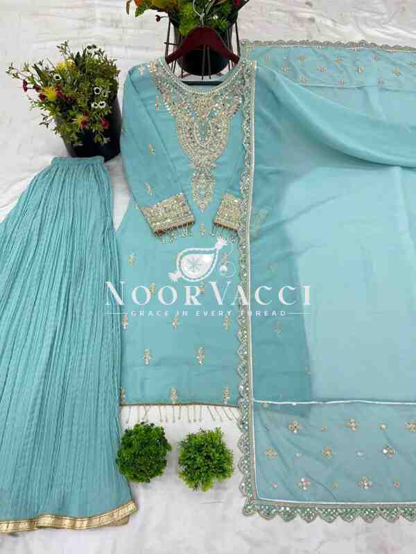 Faux Georgette Heavy Embroidered Palazzo Set with Dupatta – Fully Stitched Designer Wear - Image 9