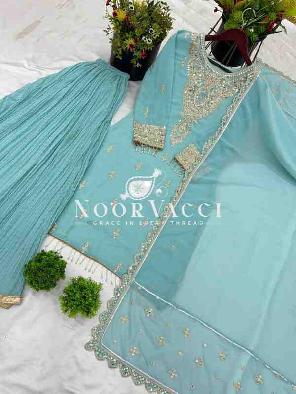 Faux Georgette Heavy Embroidered Palazzo Set with Dupatta – Fully Stitched Designer Wear - Image 8