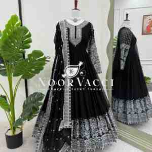 Faux Georgette Embroidered Top with Sequined Lace Dupatta