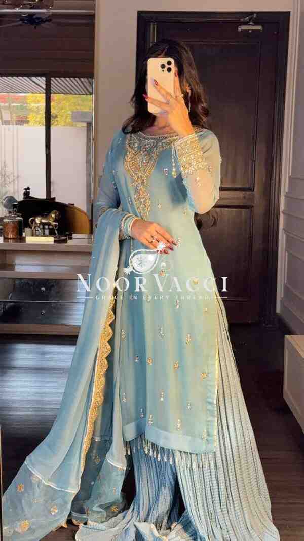 Fox Georgette Codding Sequin Embroidered Sharara Set with Dupatta