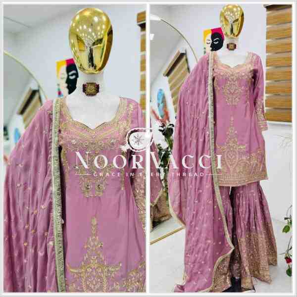 Chinon Silk Sequin Embroidered Top Sharara Set with Dupatta - Image 2