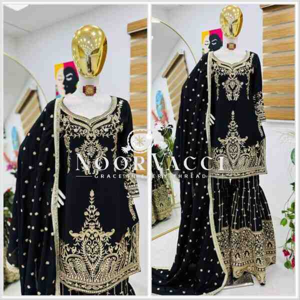 Chinon Silk Sequin Embroidered Top Sharara Set with Dupatta - Image 2