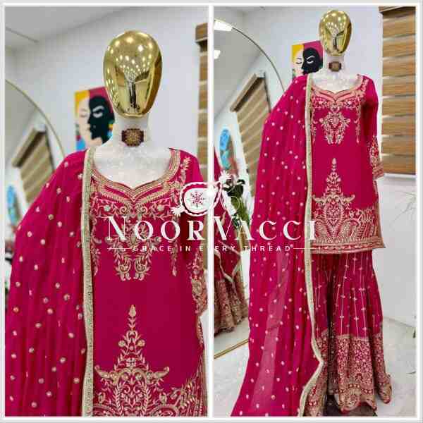 Chinon Silk Sequin Embroidered Top Sharara Set with Dupatta - Image 2