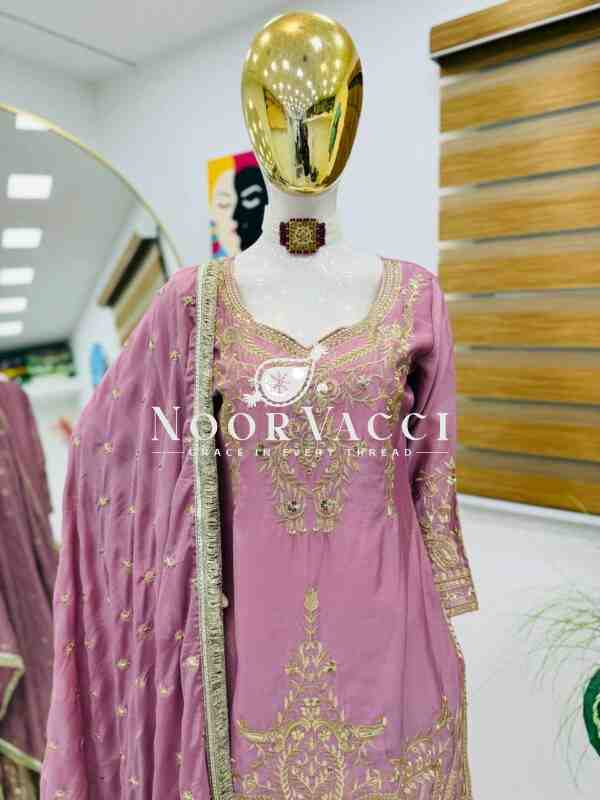 Chinon Silk Sequin Embroidered Top Sharara Set with Dupatta - Image 3