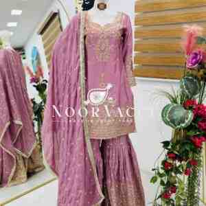 Chinon Silk Sequin Embroidered Top Sharara Set with Dupatta