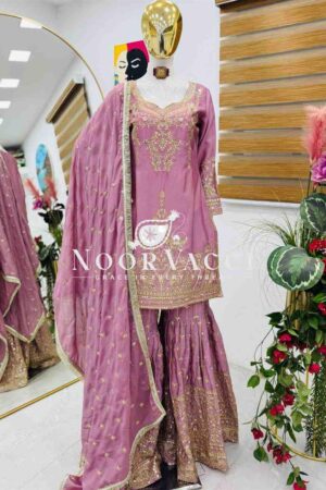 Buy Chinon Silk Sequin Embroidered Top Sharara Set with Dupatta