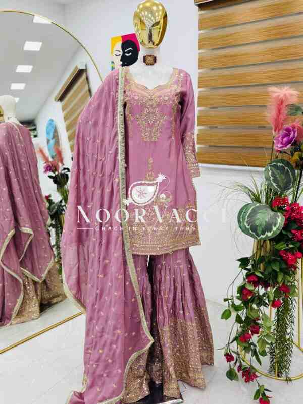 Chinon Silk Sequin Embroidered Top Sharara Set with Dupatta