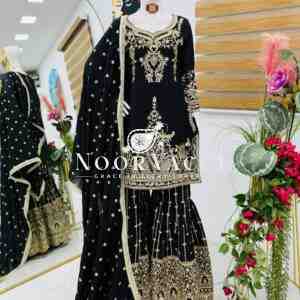 Chinon Silk Sequin Embroidered Top Sharara Set with Dupatta