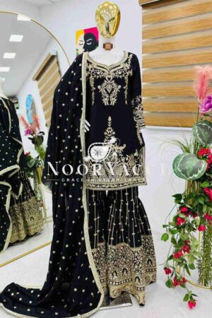 Shop Chinon Silk Sequin Embroidered Top Sharara with Dupatta Set