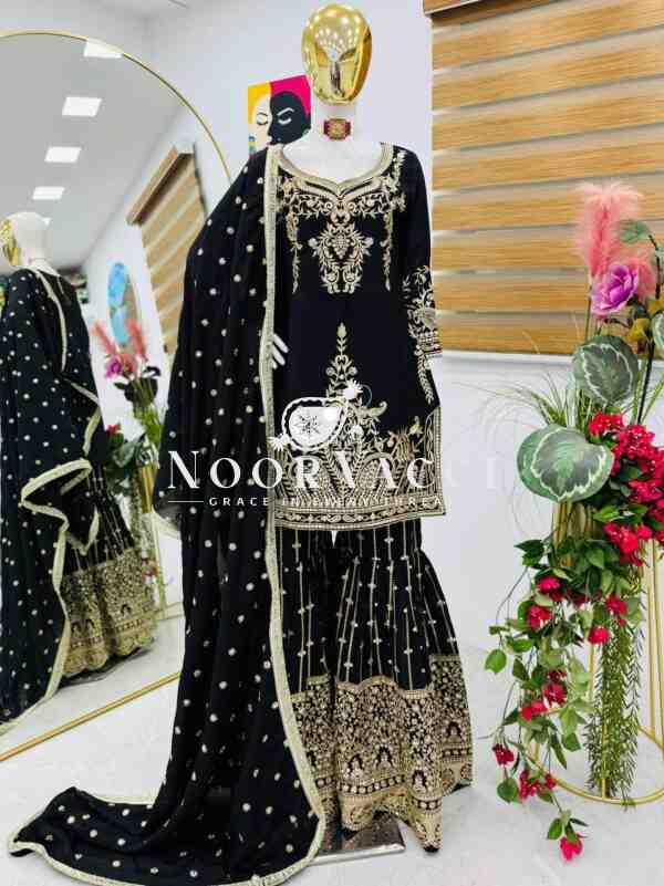 Chinon Silk Sequin Embroidered Top Sharara Set with Dupatta