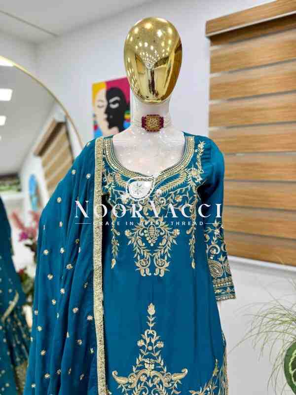 Chinon Silk Sequin Embroidered Top Sharara Set with Dupatta - Image 3