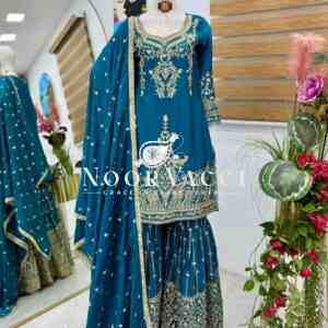 Chinon Silk Sequin Embroidered Top Sharara Set with Dupatta