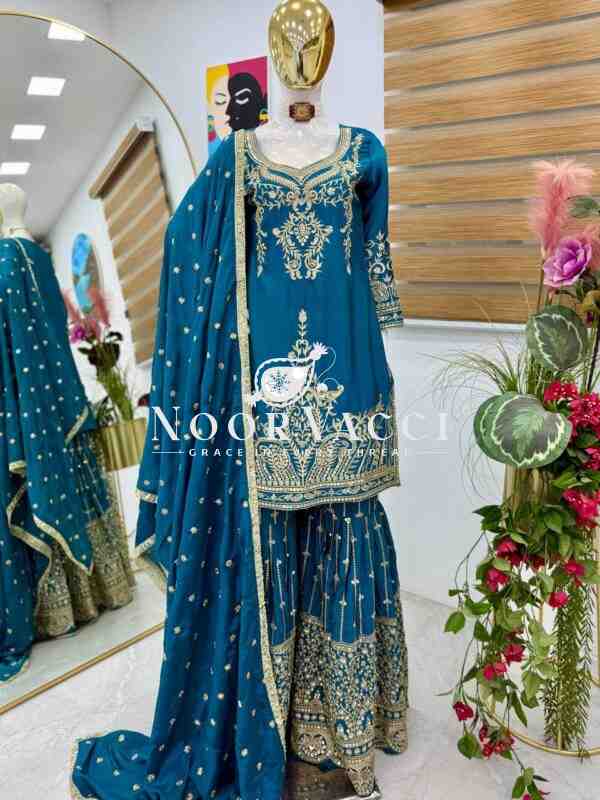 Chinon Silk Sequin Embroidered Top Sharara Set with Dupatta