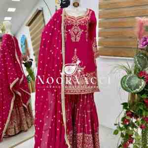 Chinon Silk Sequin Embroidered Top Sharara Set with Dupatta