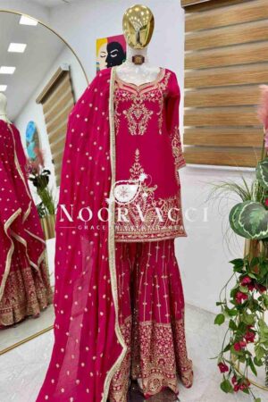 Shop Chinon Silk Sequin Embroidered Top Sharara Set with Dupatta Set