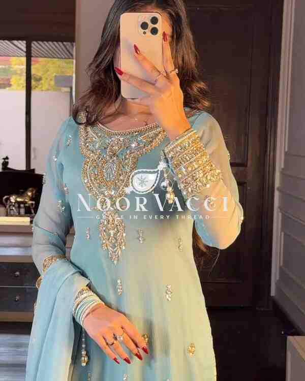 Fox Georgette Codding Sequin Embroidered Sharara Set with Dupatta - Image 2