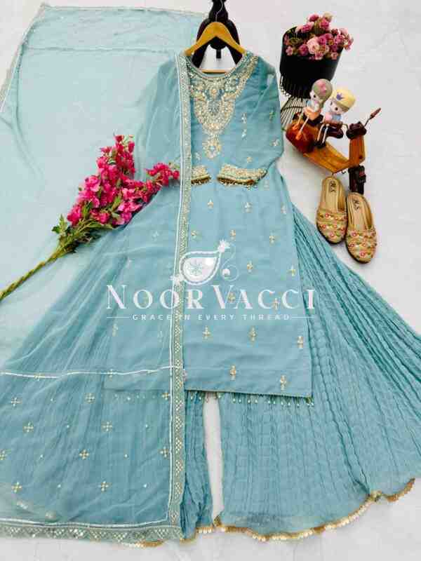 Fox Georgette Codding Sequin Embroidered Sharara Set with Dupatta - Image 4