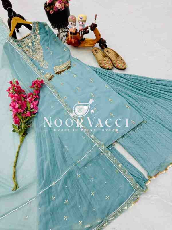Fox Georgette Codding Sequin Embroidered Sharara Set with Dupatta - Image 5