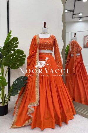 Shop Semi-Stitched American Silk Lehenga with 3.5 Meter Flair & Sequin Thread Work