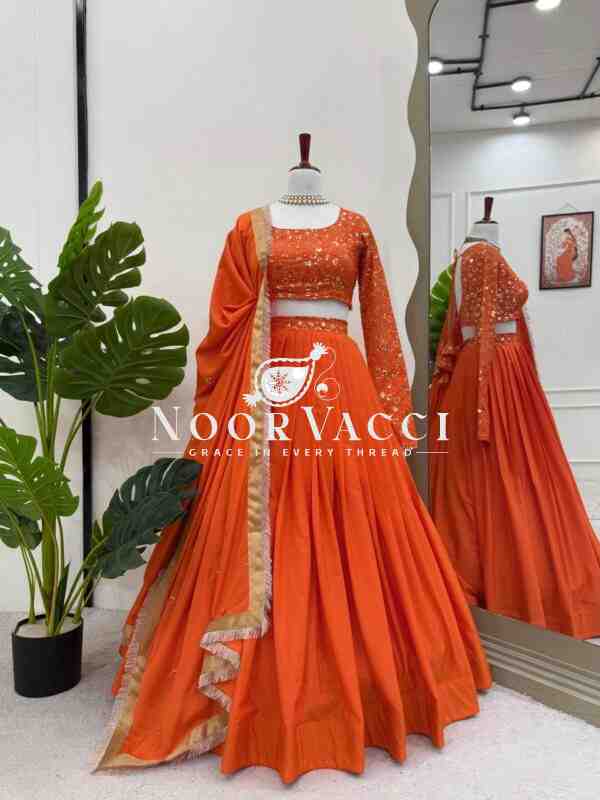 Semi-Stitched American Silk Lehenga with 3.5 Meter Flair & Sequin Thread Work