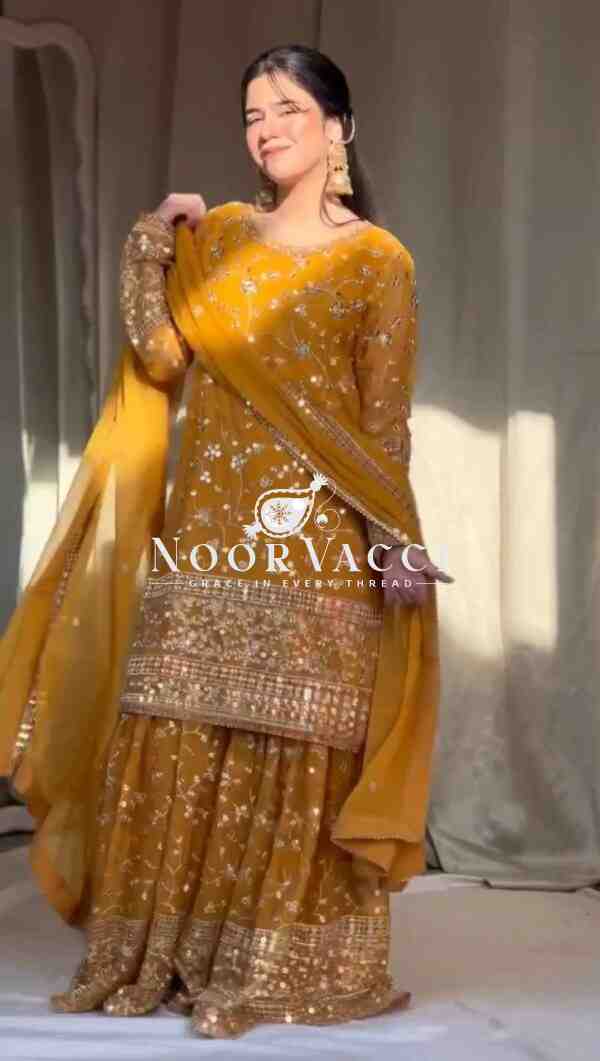 Foux Gorgette Sharara Set with Embroidered Top and Dupatta - Image 2