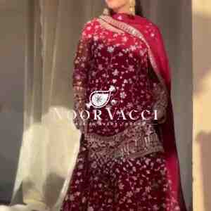 Foux Gorgette Sharara Set with Embroidered Top and Dupatta