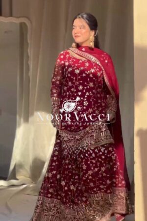 Buy Foux Gorgette Sharara Set with Embroidered Top and Dupatta