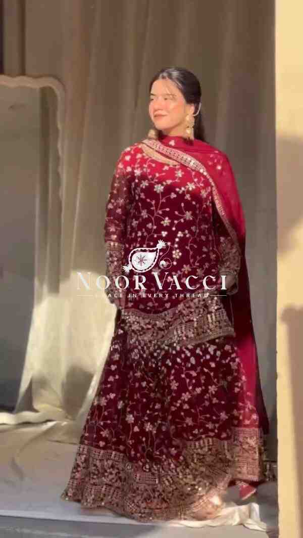 Foux Gorgette Sharara Set with Embroidered Top and Dupatta