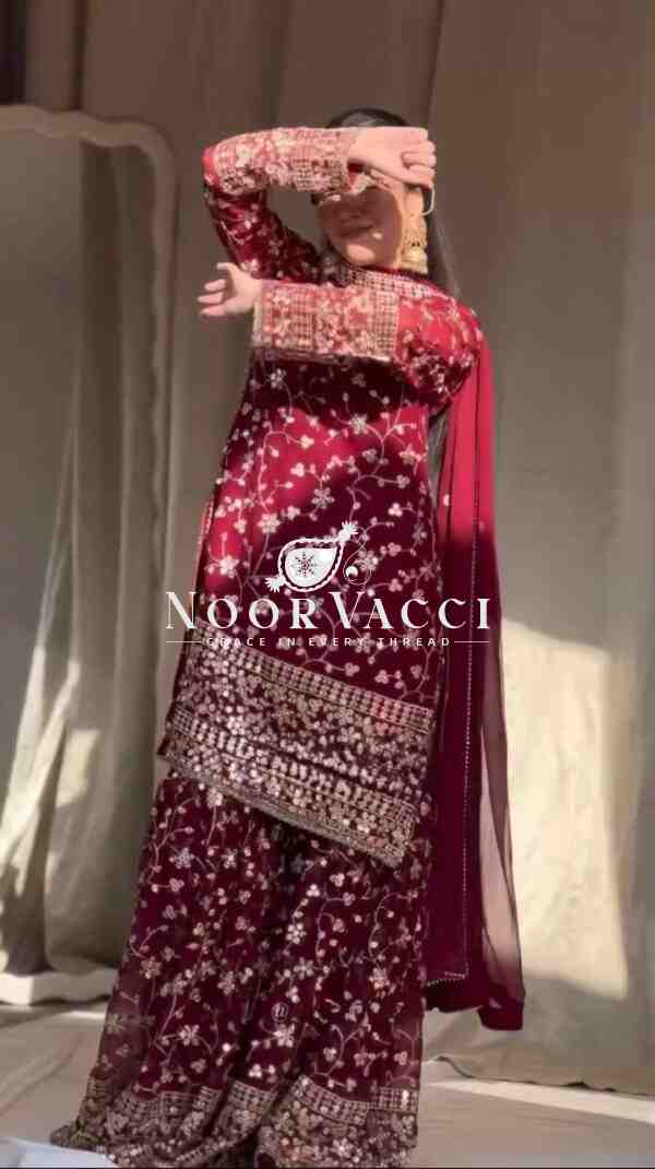Foux Gorgette Sharara Set with Embroidered Top and Dupatta - Image 2