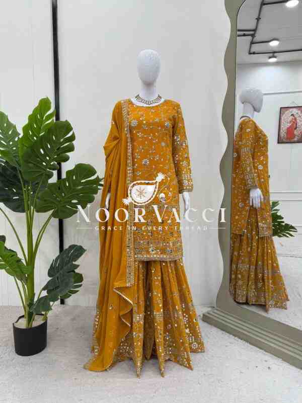 Foux Gorgette Sharara Set with Embroidered Top and Dupatta - Image 5