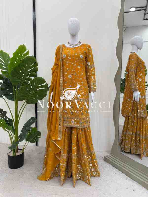 Foux Gorgette Sharara Set with Embroidered Top and Dupatta - Image 3