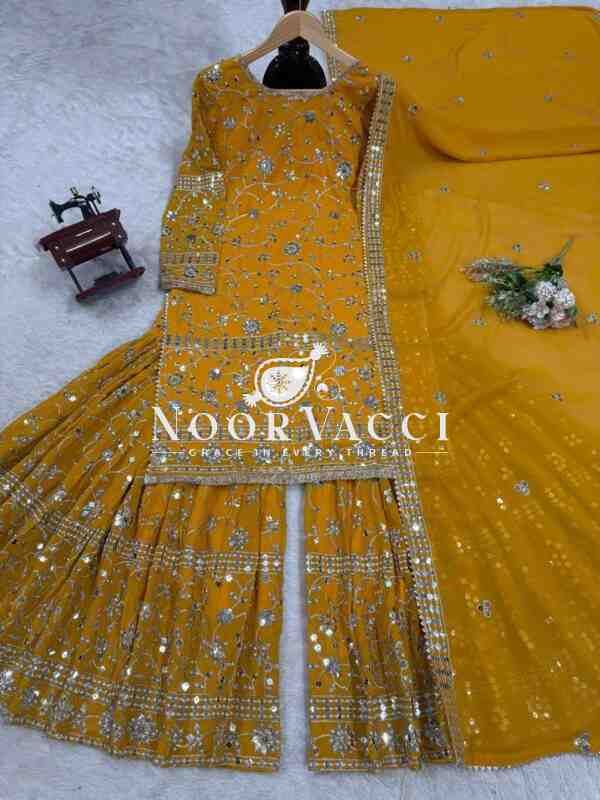Foux Gorgette Sharara Set with Embroidered Top and Dupatta - Image 9